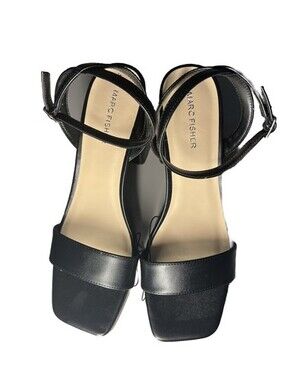 Marc Fisher Black Leather Sadel Square Toe Open  Wedge Heels Size 10M New